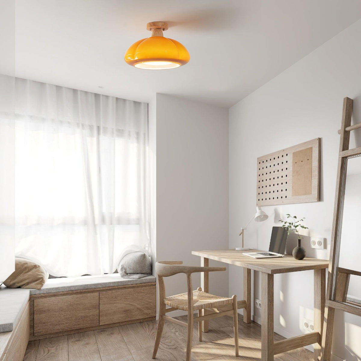 Semi Flush Damp Rated Ceiling Light Amber Glass And Rubber Wood