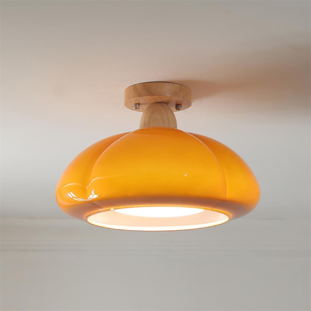 Semi Flush Damp Rated Ceiling Light Amber Glass And Rubber Wood