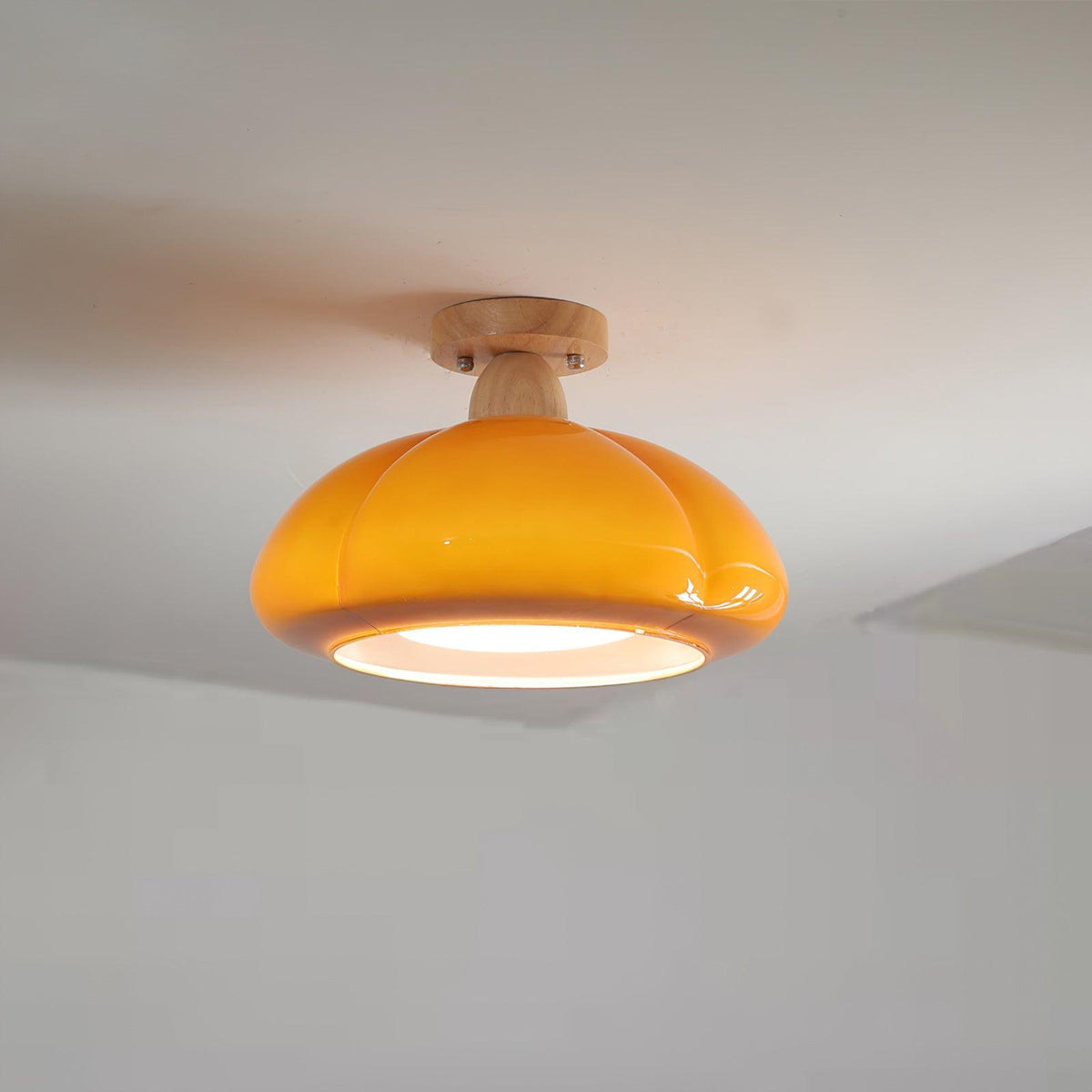 Semi Flush Damp Rated Ceiling Light Amber Glass And Rubber Wood