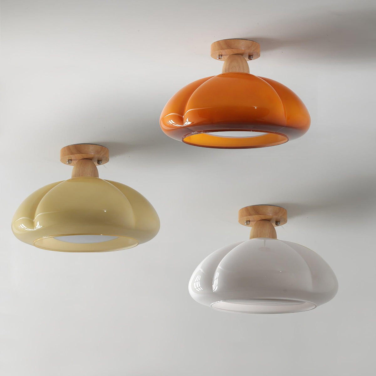 Semi Flush Damp Rated Ceiling Light Amber Glass And Rubber Wood