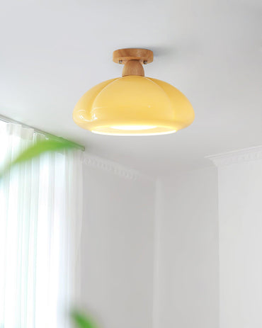 Semi Flush Damp Rated Ceiling Light Amber Glass And Rubber Wood