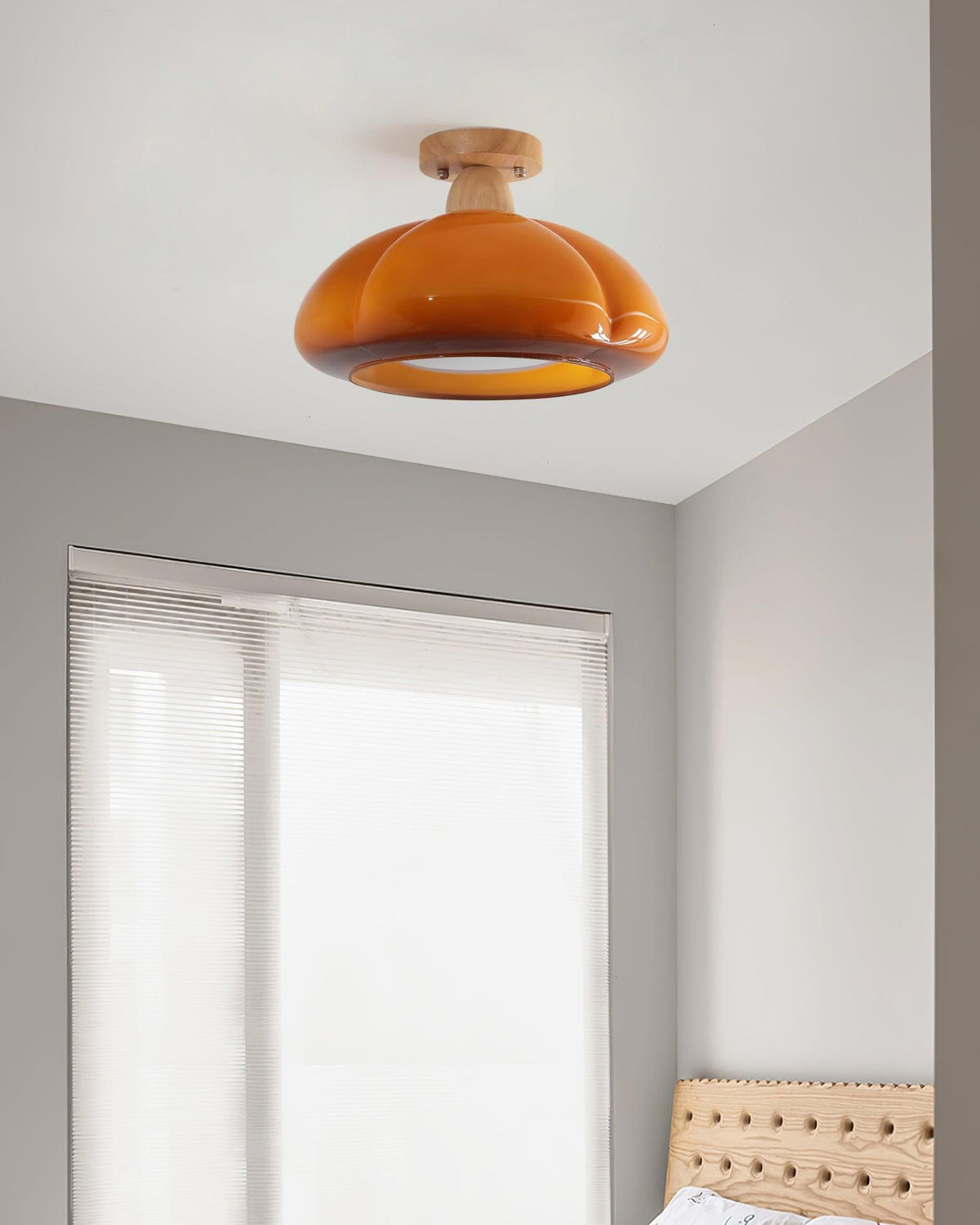 Semi Flush Damp Rated Ceiling Light Amber Glass And Rubber Wood