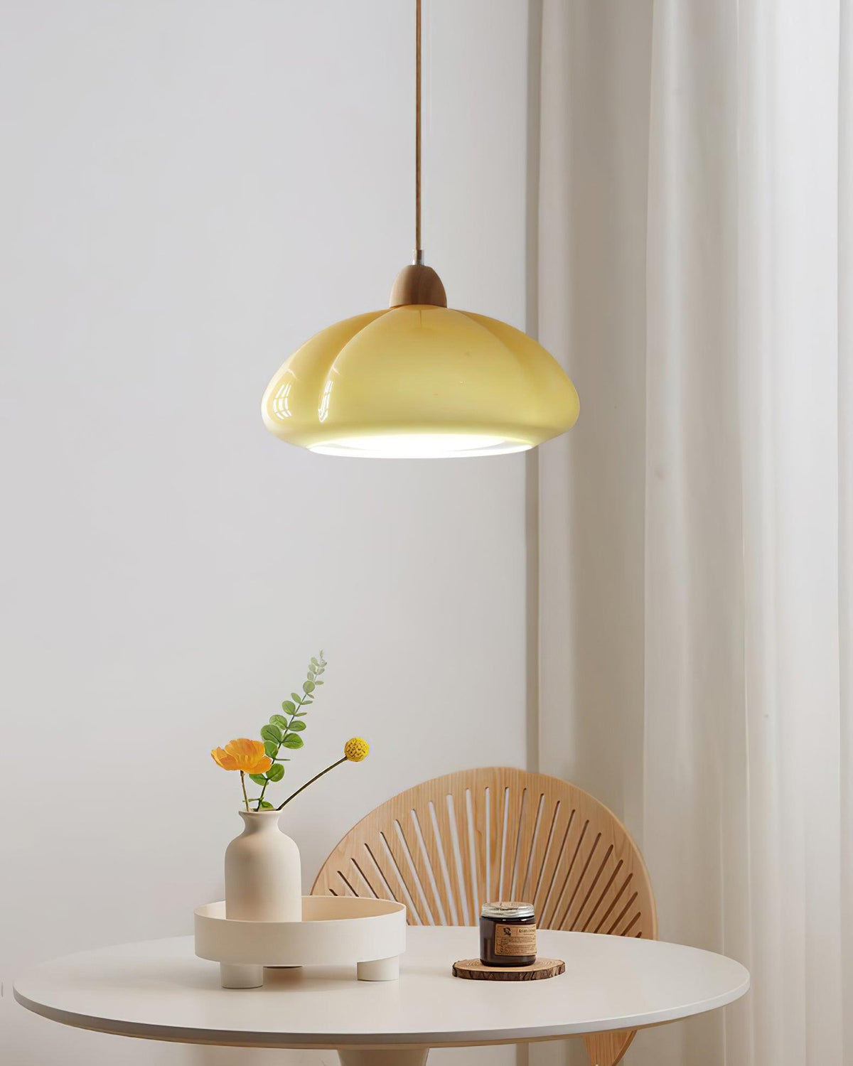 Modern Look Wood Accent Round Glass Shade Pendant Lamp