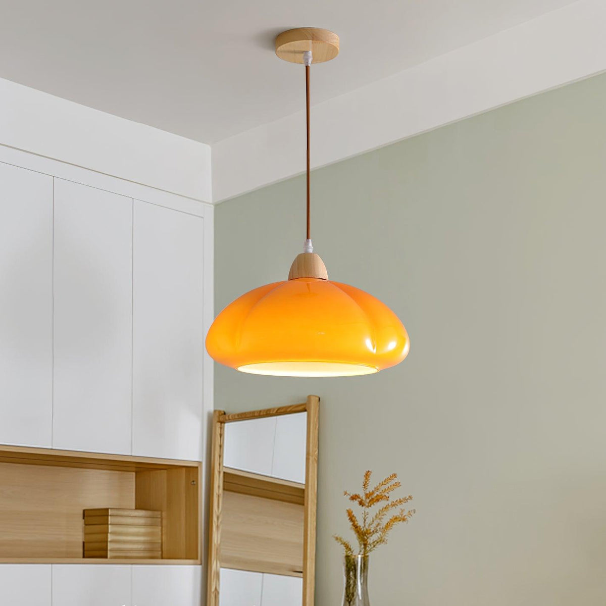 Modern Look Wood Accent Round Glass Shade Pendant Lamp