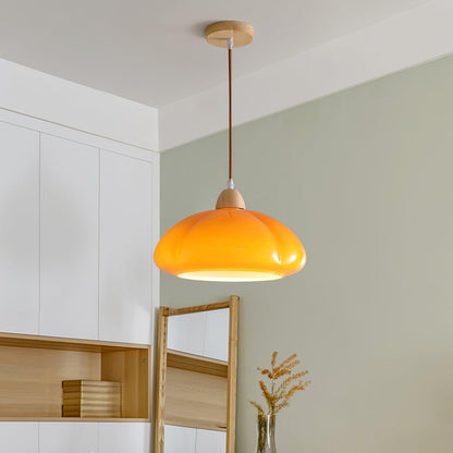 Modern Look Wood Accent Round Glass Shade Pendant Lamp