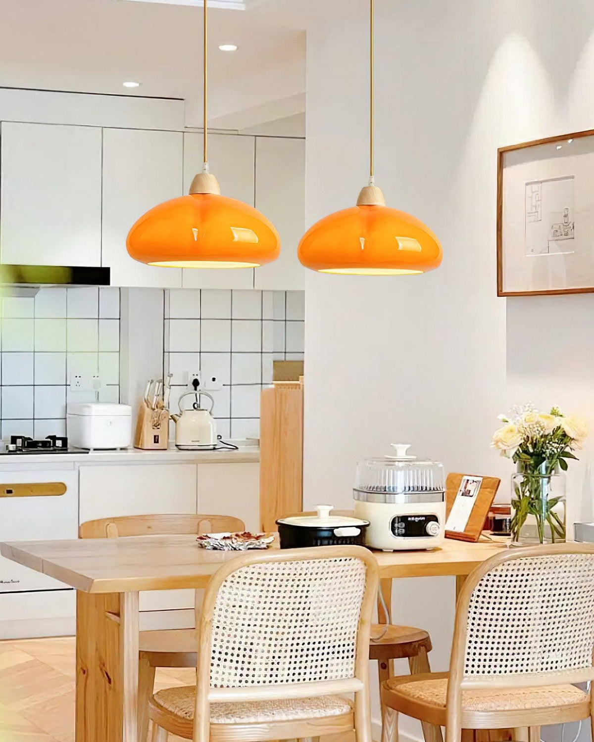 Modern Look Wood Accent Round Glass Shade Pendant Lamp