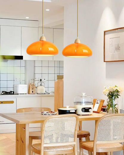 Modern Look Wood Accent Round Glass Shade Pendant Lamp