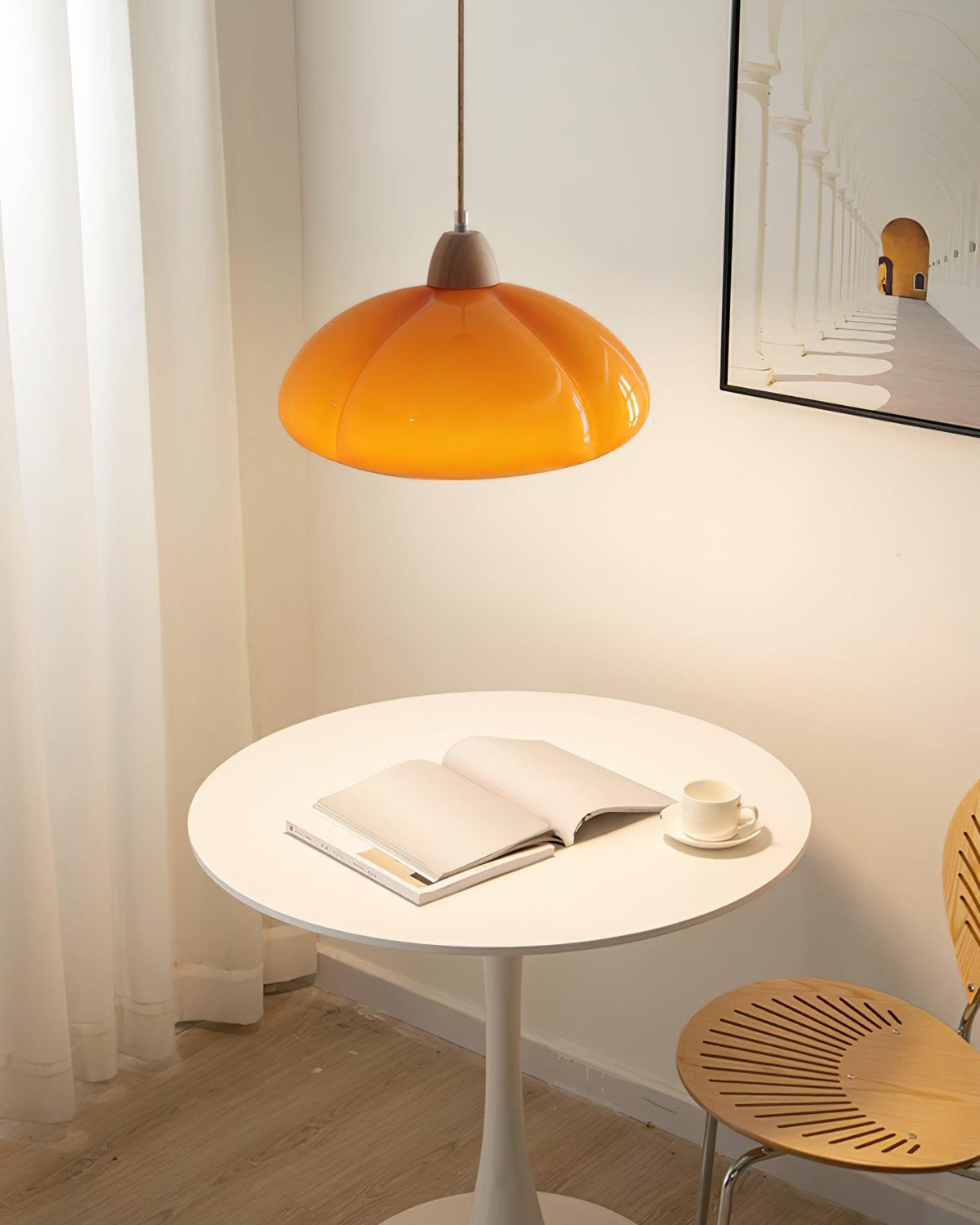 Modern Look Wood Accent Round Glass Shade Pendant Lamp
