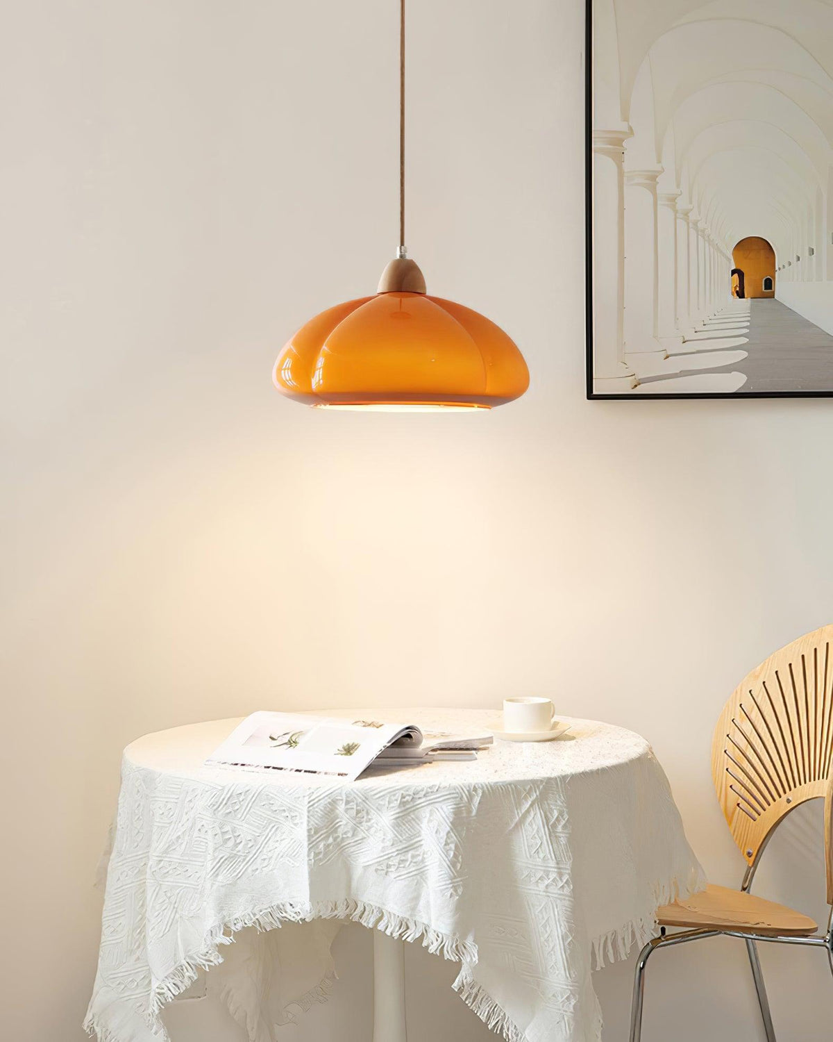 Modern Look Wood Accent Round Glass Shade Pendant Lamp