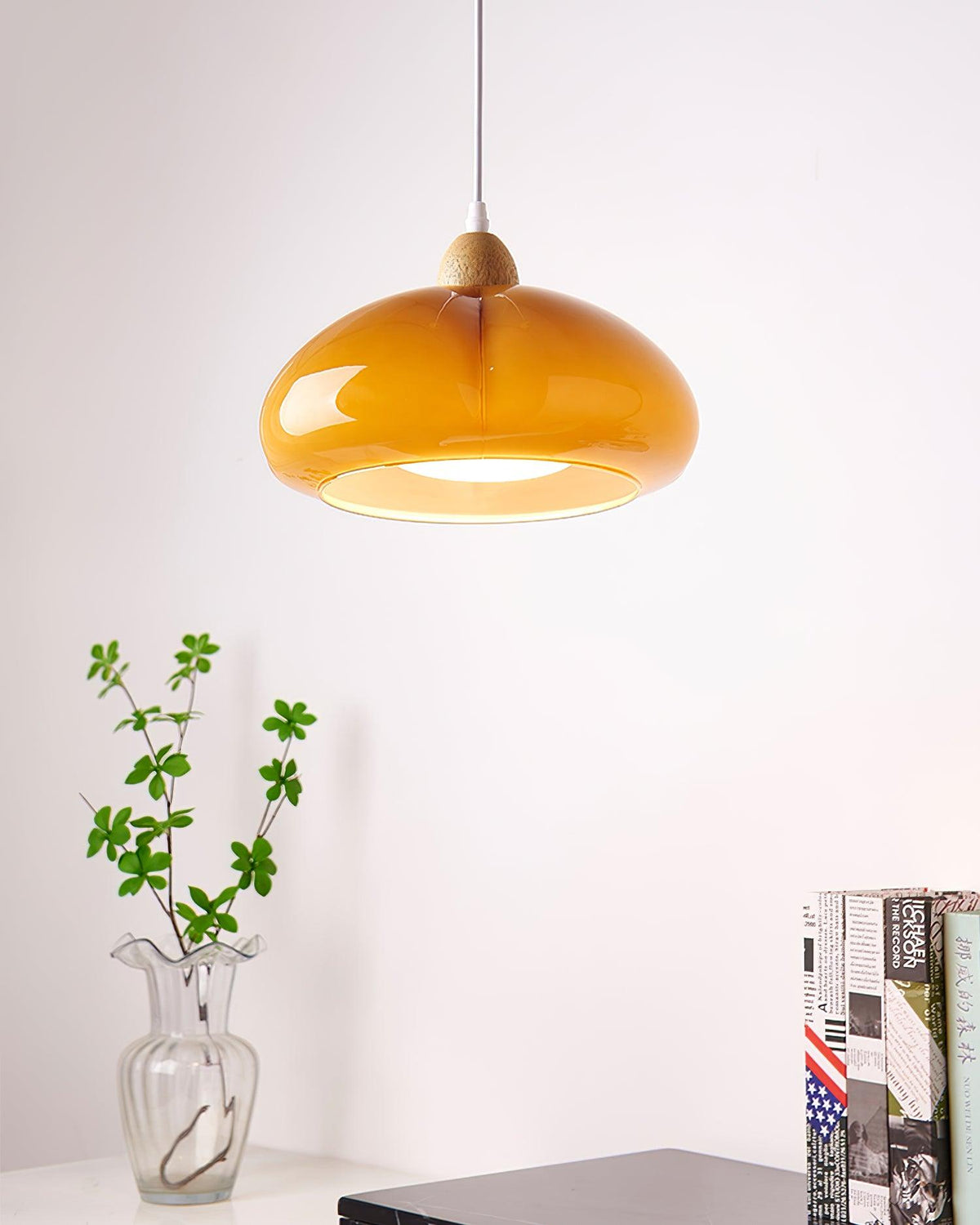 Modern Look Wood Accent Round Glass Shade Pendant Lamp