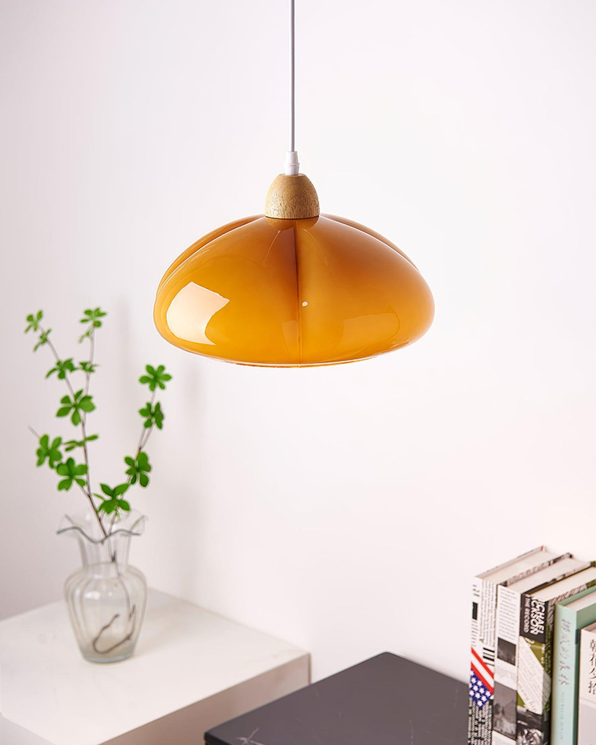 Modern Look Wood Accent Round Glass Shade Pendant Lamp