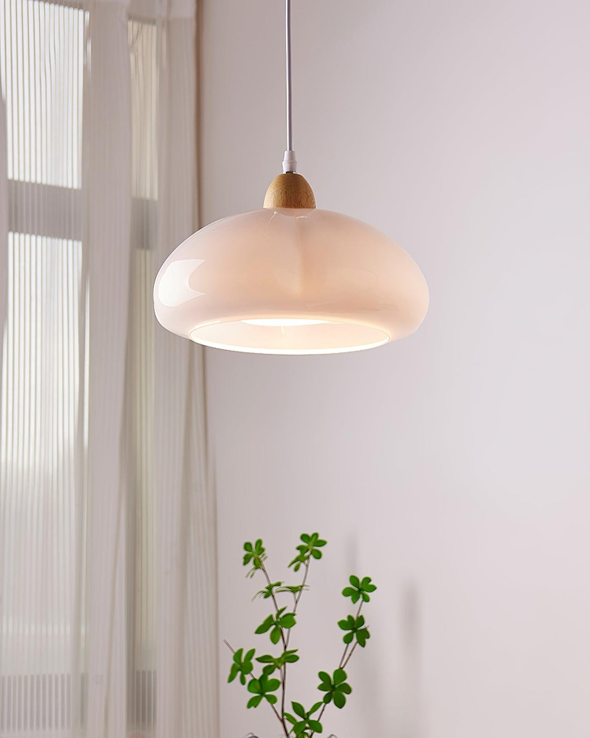 Modern Look Wood Accent Round Glass Shade Pendant Lamp