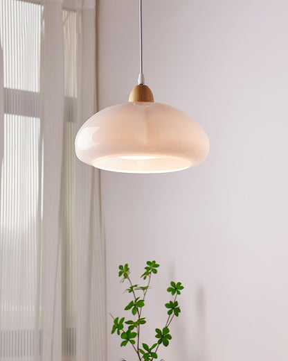 Modern Look Wood Accent Round Glass Shade Pendant Lamp