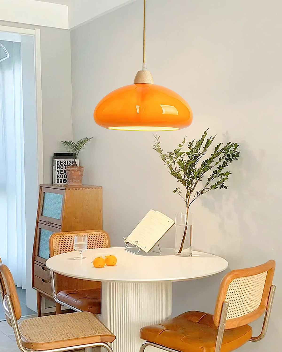 Modern Look Wood Accent Round Glass Shade Pendant Lamp
