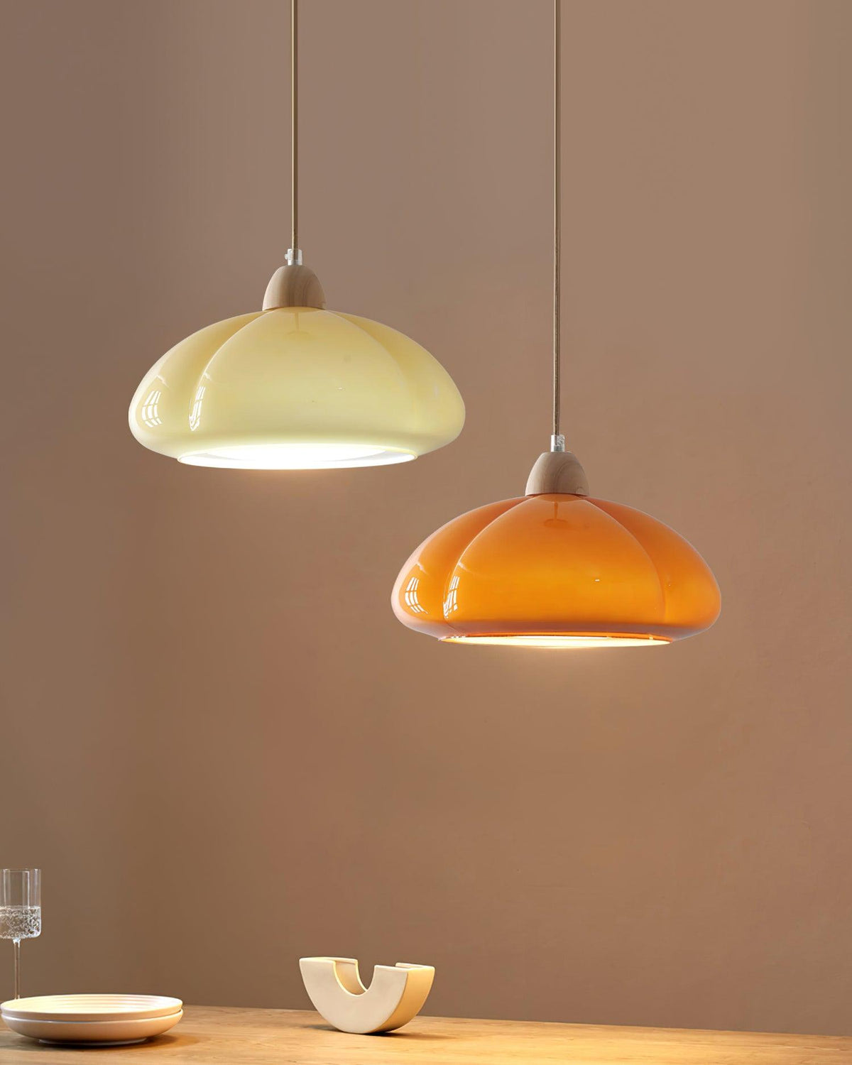 Modern Look Wood Accent Round Glass Shade Pendant Lamp