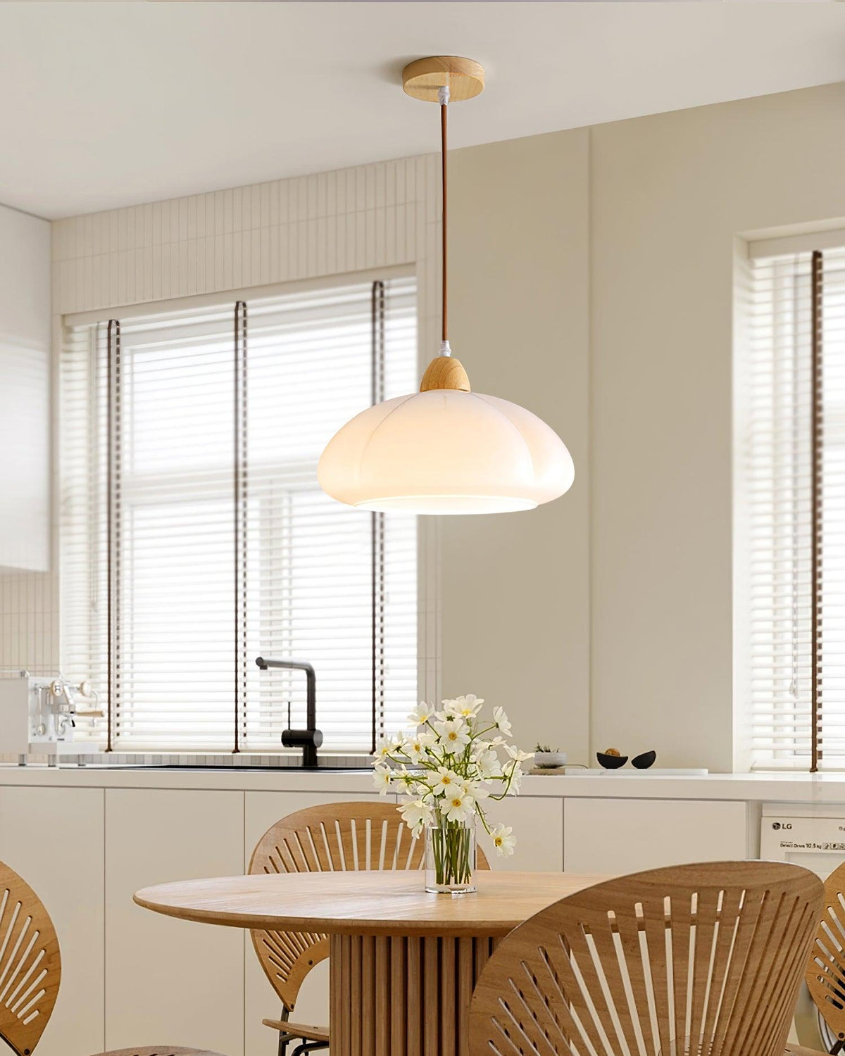 Modern Look Wood Accent Round Glass Shade Pendant Lamp