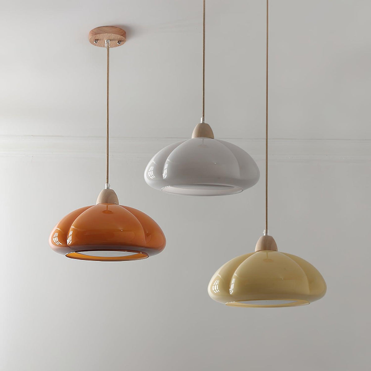 Modern Look Wood Accent Round Glass Shade Pendant Lamp