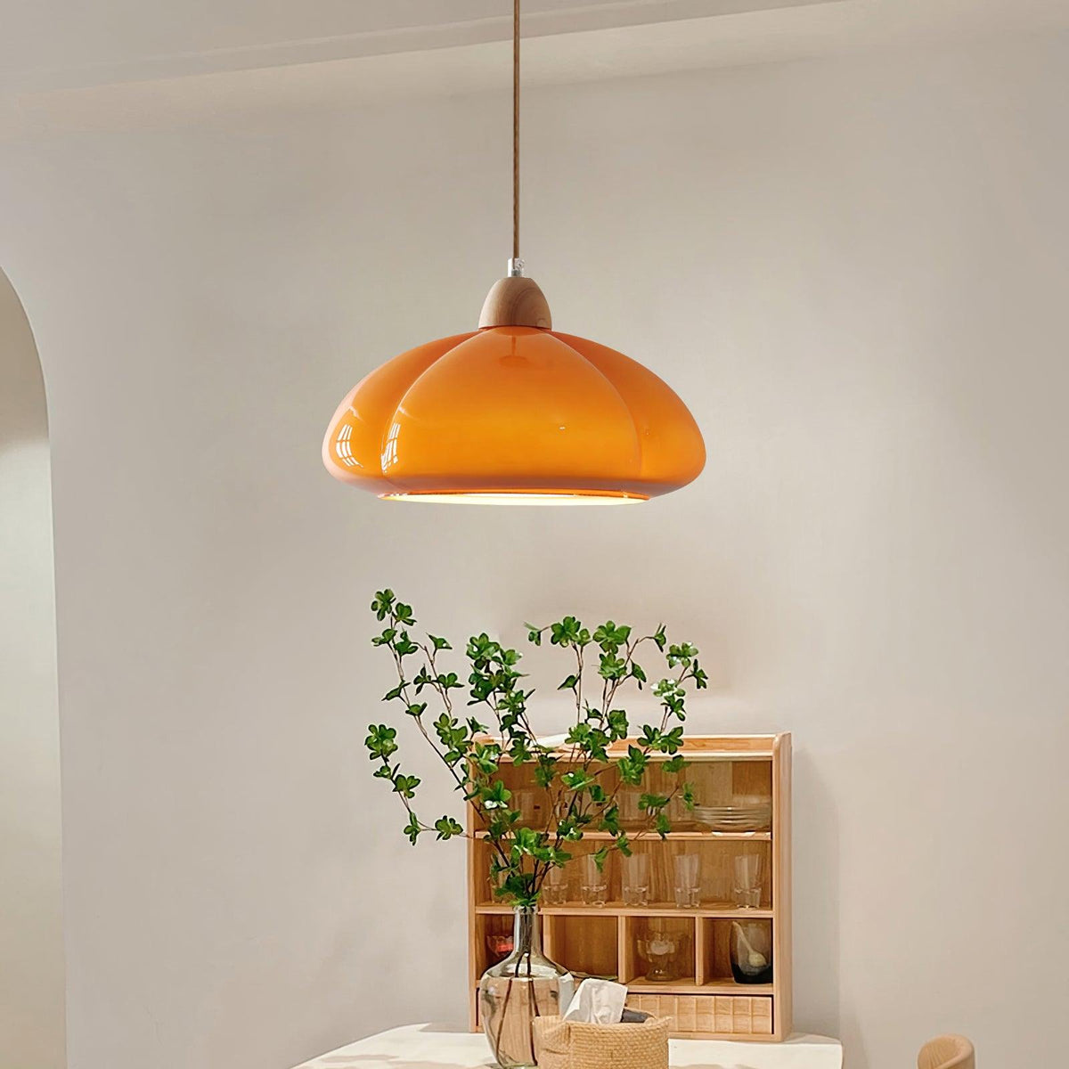 Modern Look Wood Accent Round Glass Shade Pendant Lamp