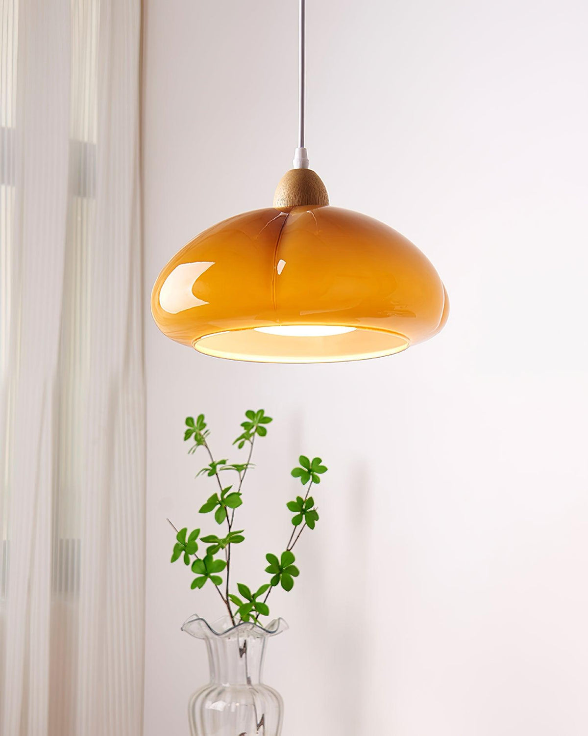 Modern Look Wood Accent Round Glass Shade Pendant Lamp