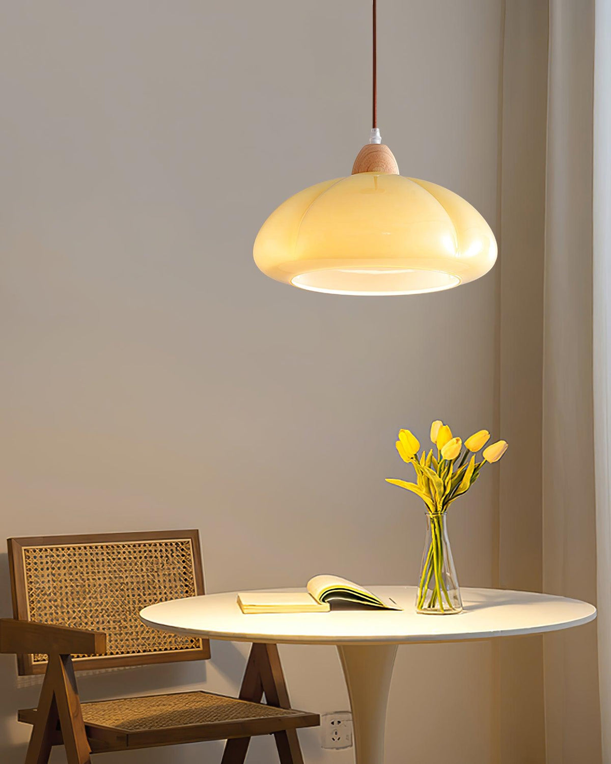Modern Look Wood Accent Round Glass Shade Pendant Lamp