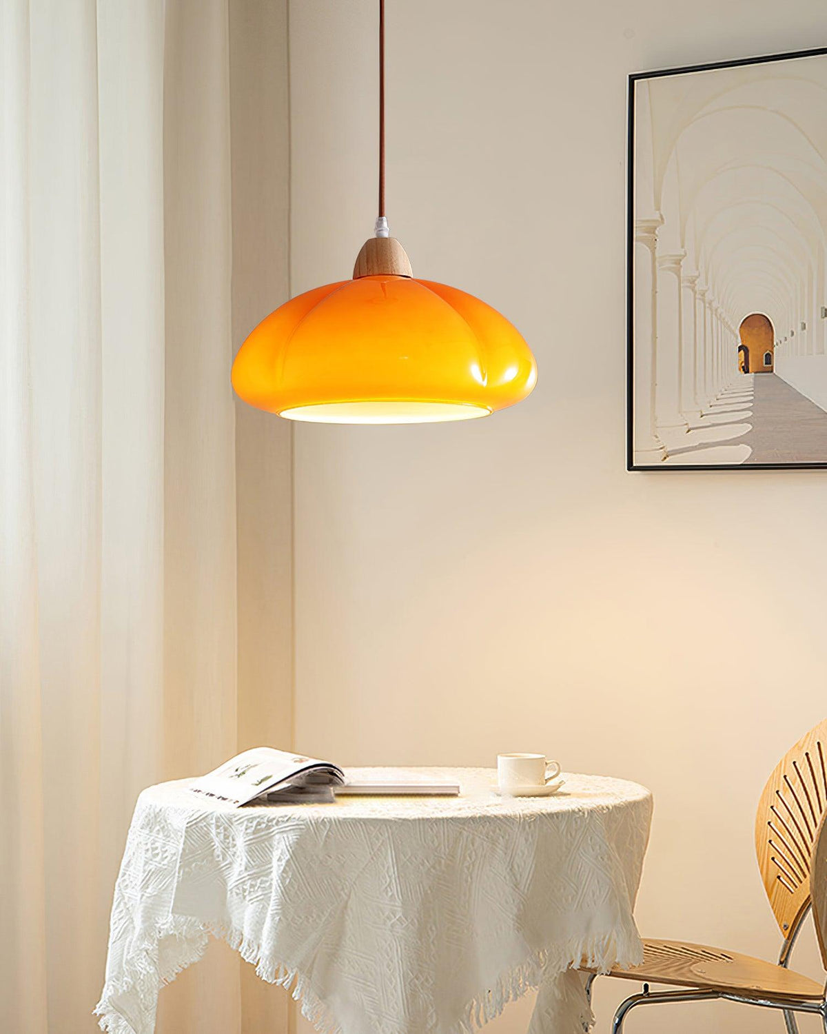 Modern Look Wood Accent Round Glass Shade Pendant Lamp