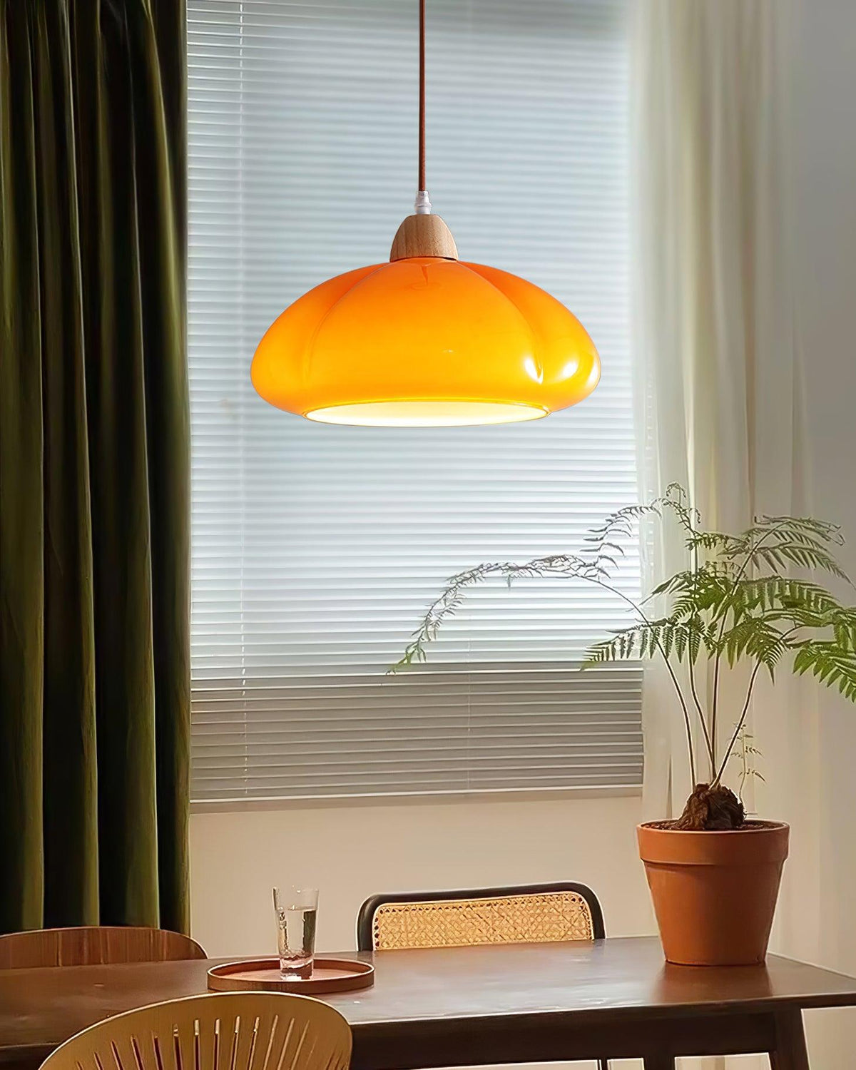 Modern Look Wood Accent Round Glass Shade Pendant Lamp