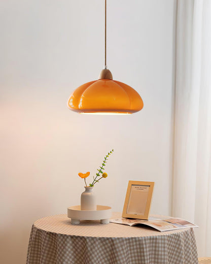 Modern Look Wood Accent Round Glass Shade Pendant Lamp