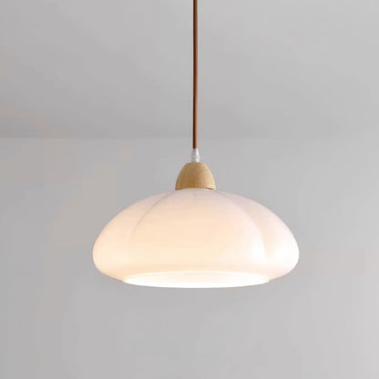 Modern Look Wood Accent Round Glass Shade Pendant Lamp