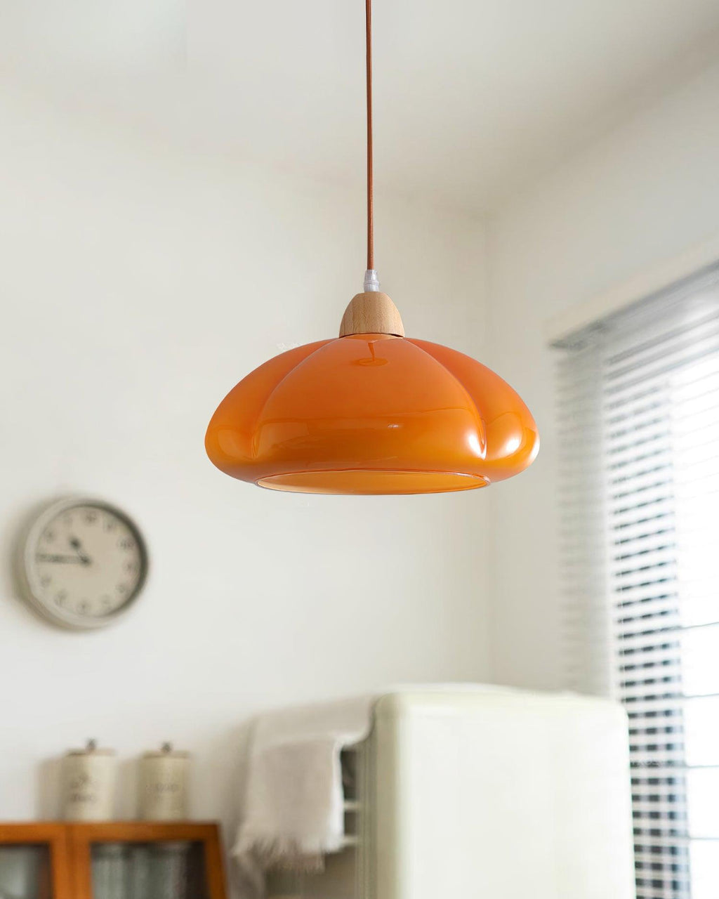 Modern Look Wood Accent Round Glass Shade Pendant Lamp