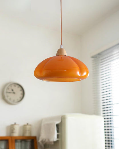 Modern Look Wood Accent Round Glass Shade Pendant Lamp
