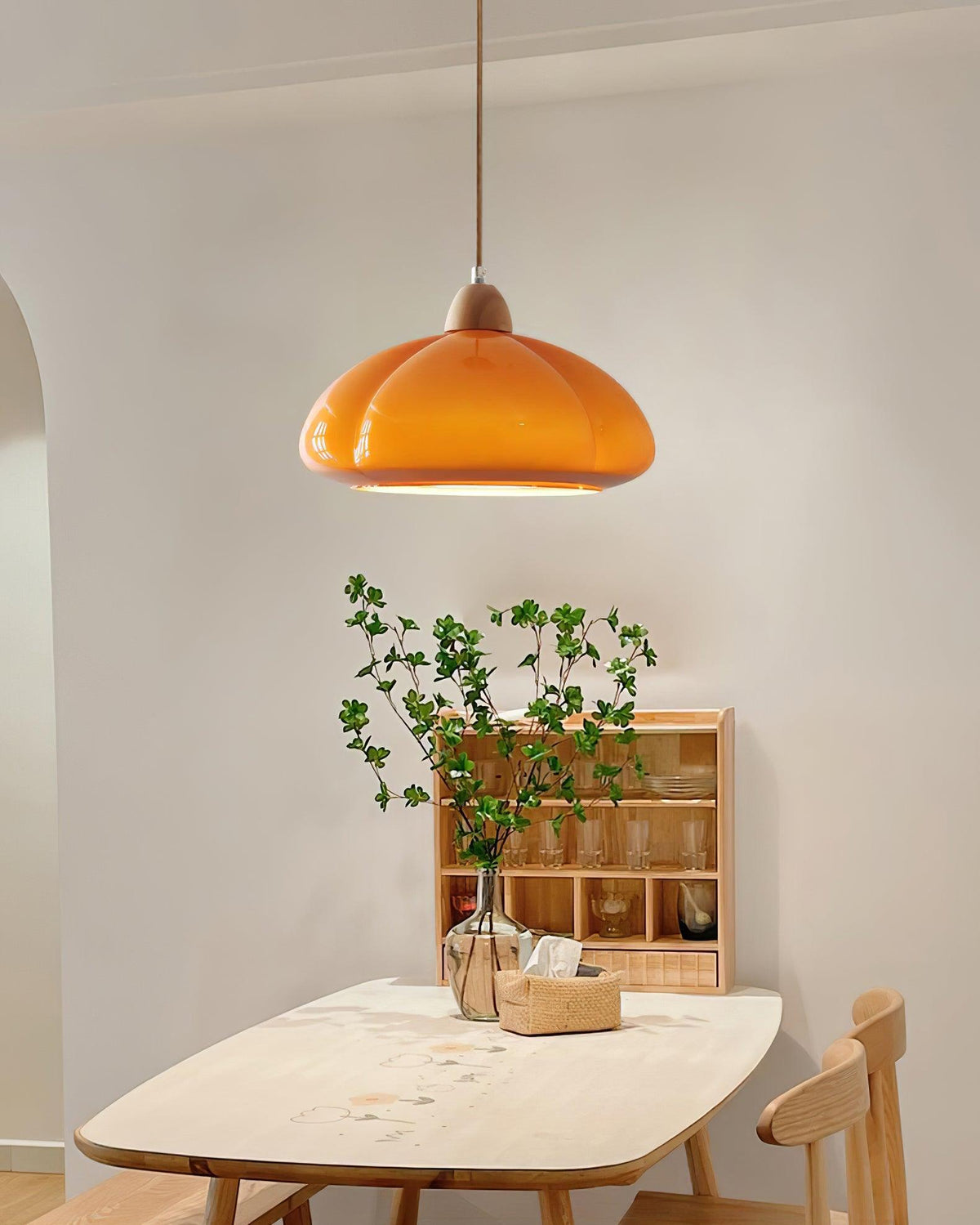 Modern Look Wood Accent Round Glass Shade Pendant Lamp