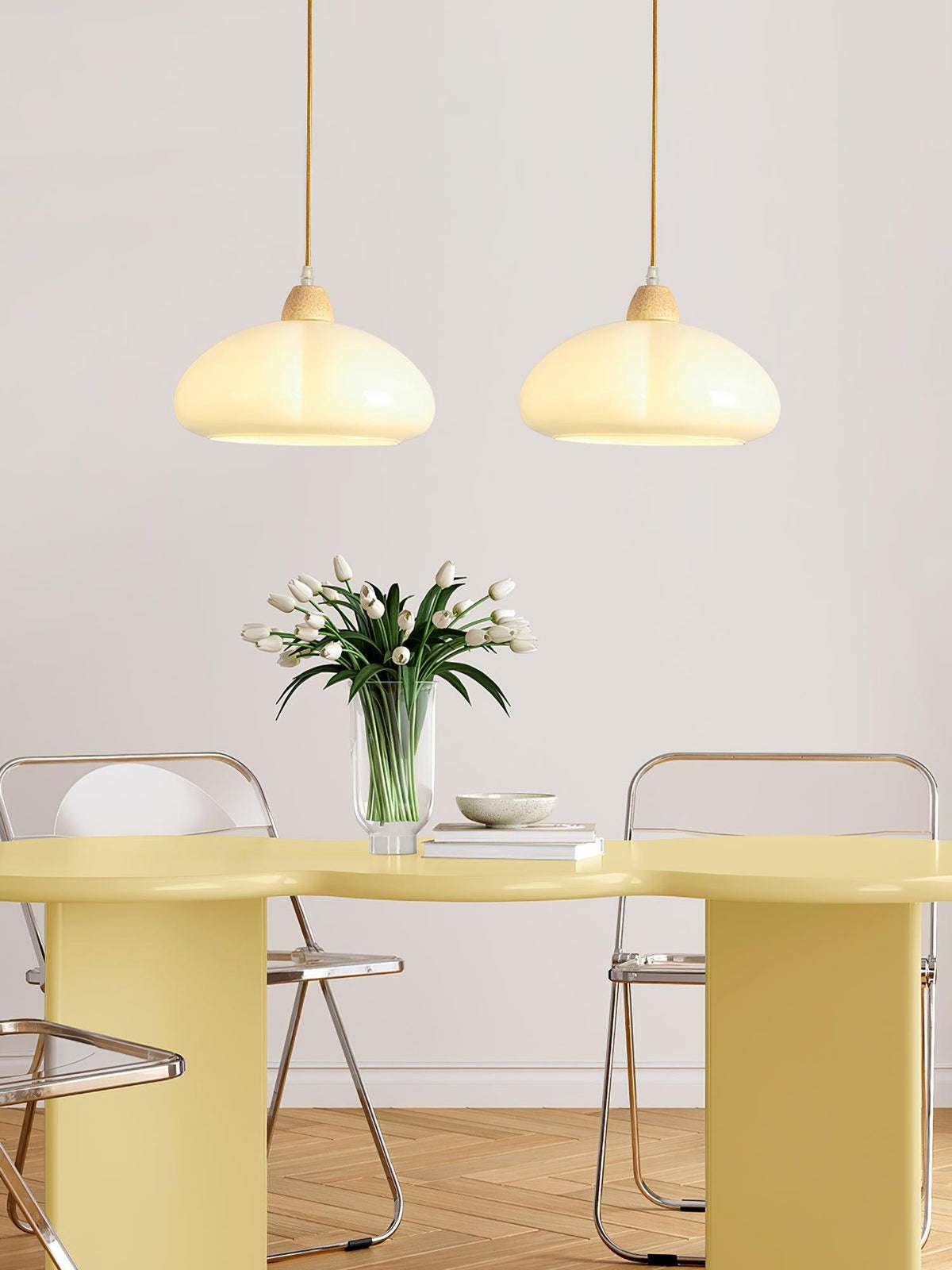 Modern Look Wood Accent Round Glass Shade Pendant Lamp
