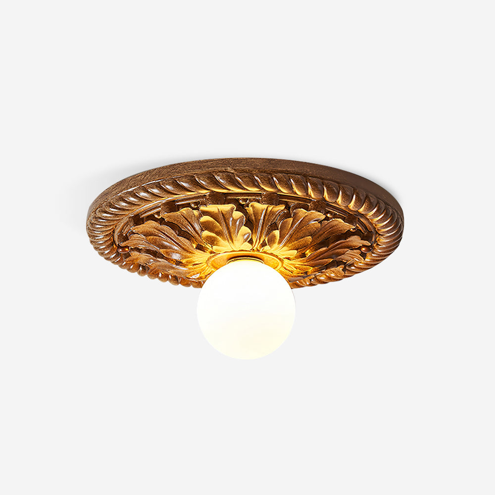 Ceiling Light With Opal Glass Globe Ornate Antique Gold
