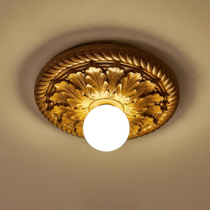 Ceiling Light With Opal Glass Globe Ornate Antique Gold