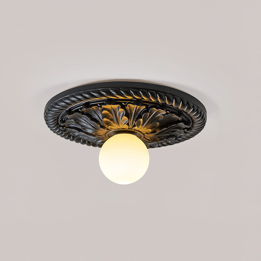 Ceiling Light With Opal Glass Globe Ornate Antique Gold
