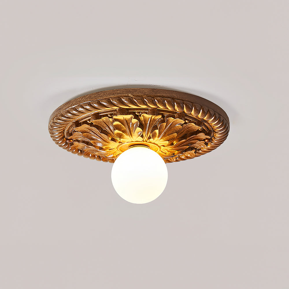 Ceiling Light With Opal Glass Globe Ornate Antique Gold