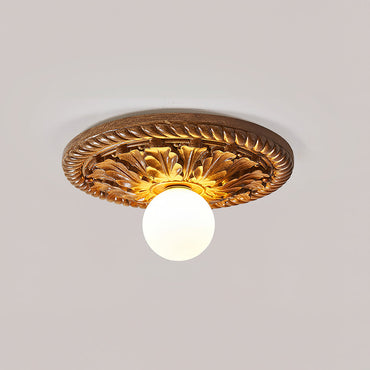 Ceiling Light With Opal Glass Globe Ornate Antique Gold