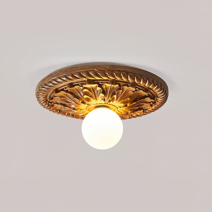 Ceiling Light With Opal Glass Globe Ornate Antique Gold