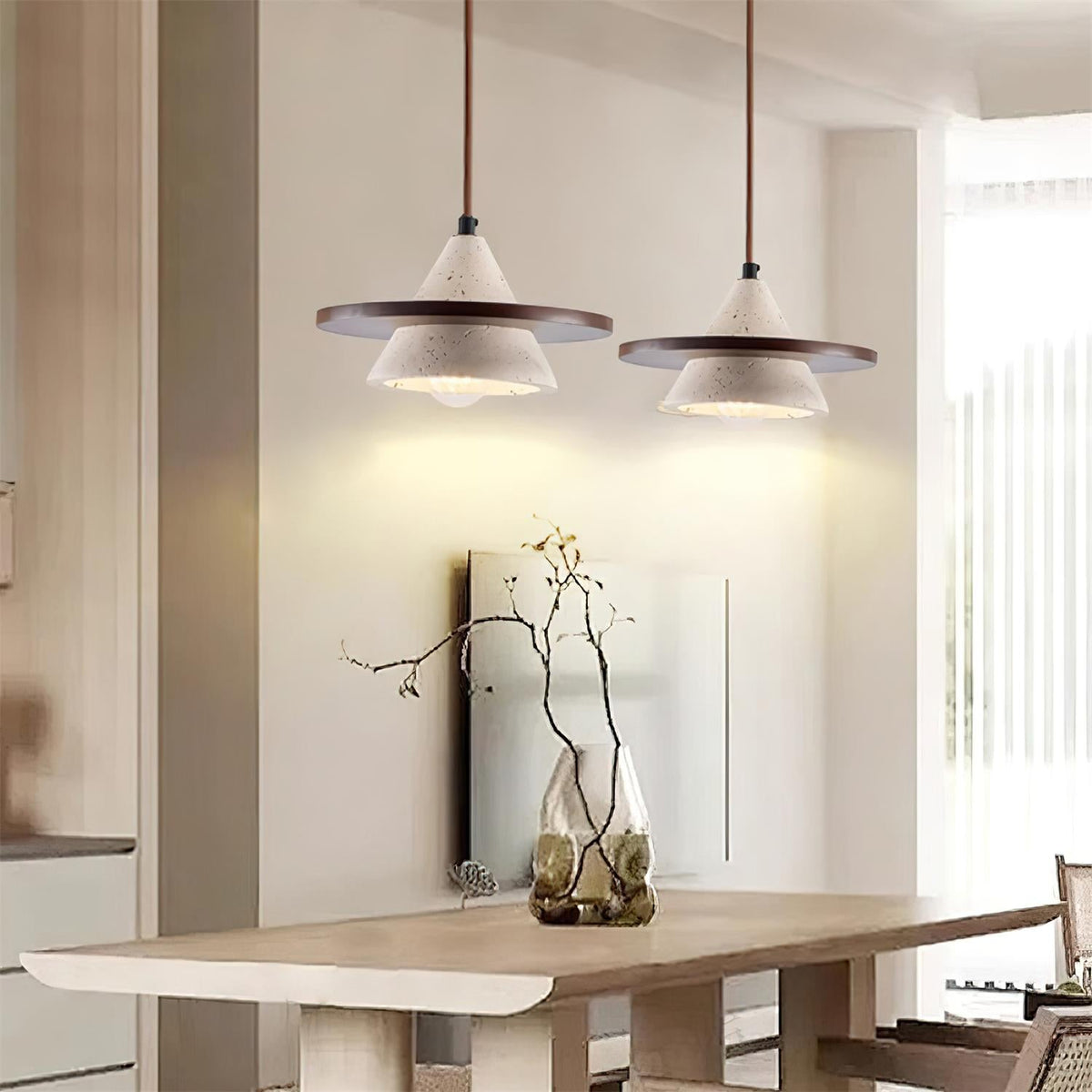 Wooden Disc Diffuser With Travertine Stone Pendant Light
