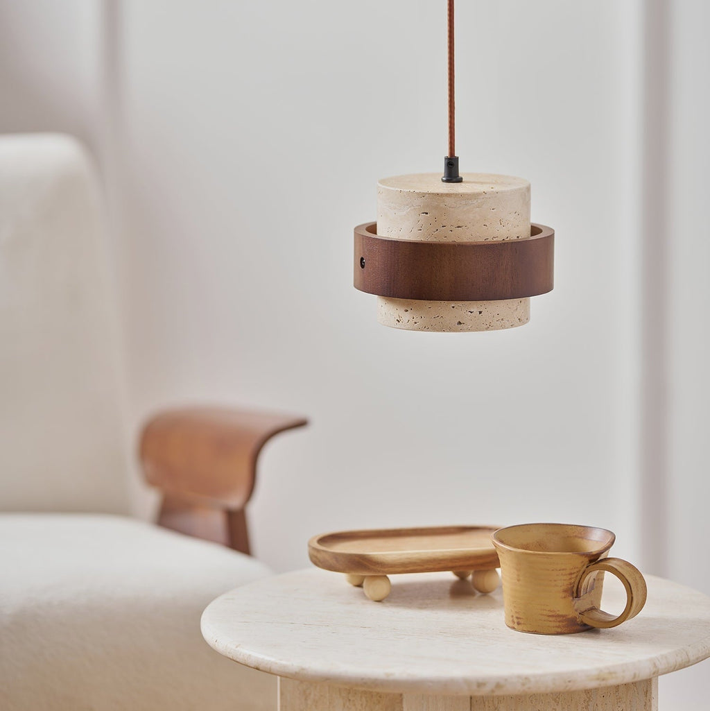 Walnut Accent Natural Travertine Pendant Light