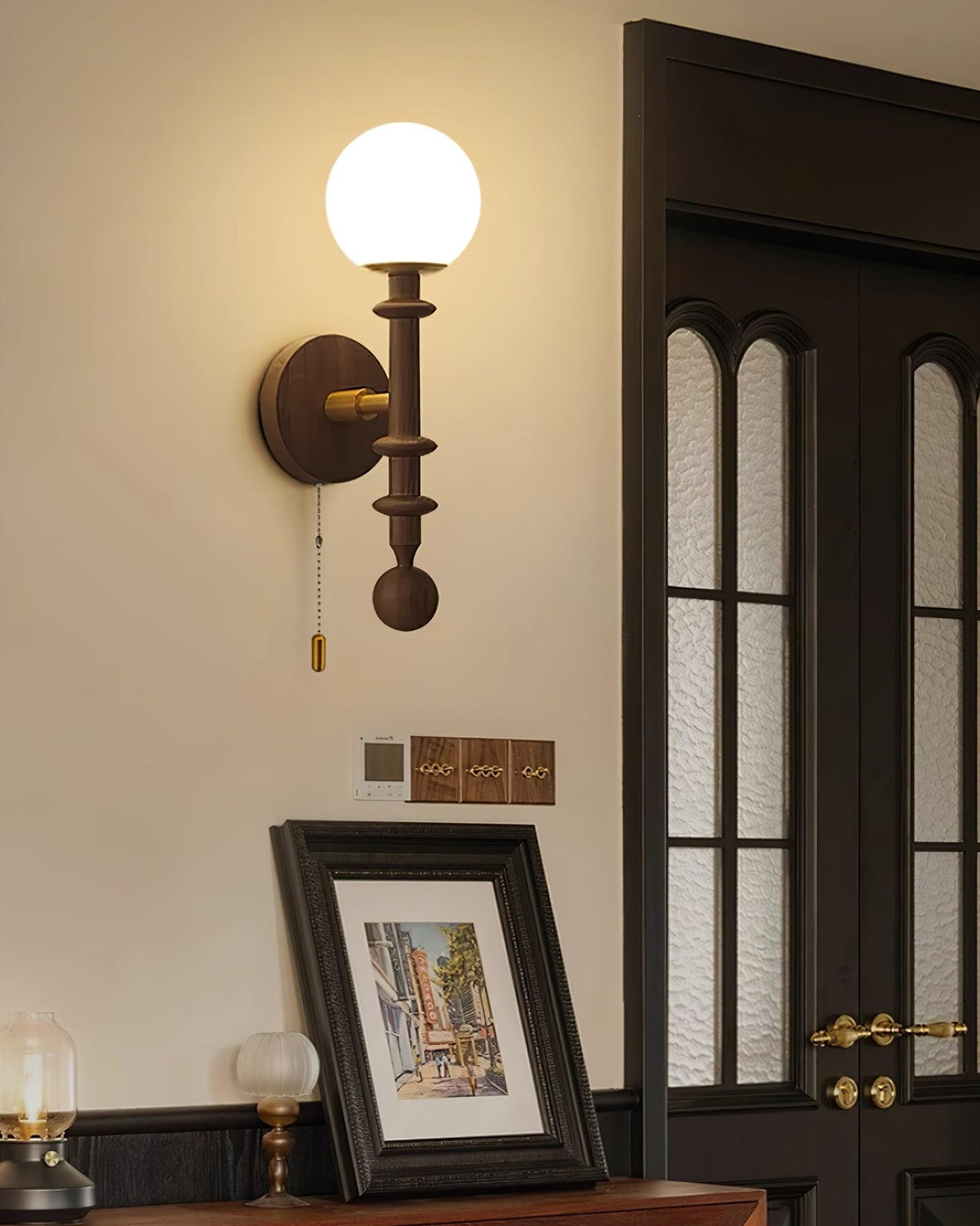 Wood And Glass Globe Wall Light With Damp Rated And E26 E27 Socket