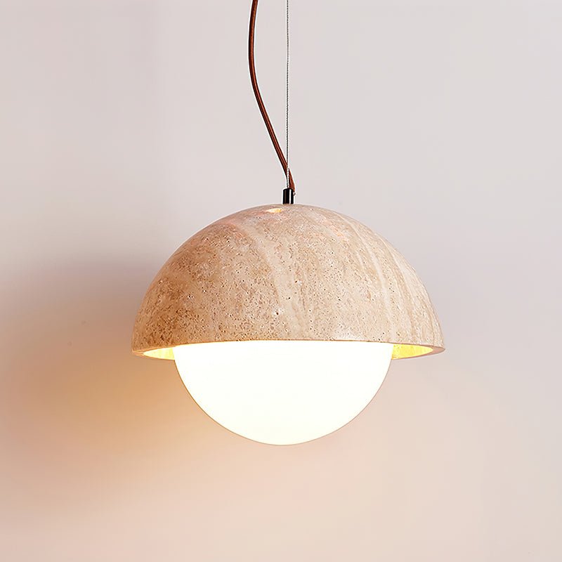 Warm Glow Yellow Dome Travertine Pendant Light