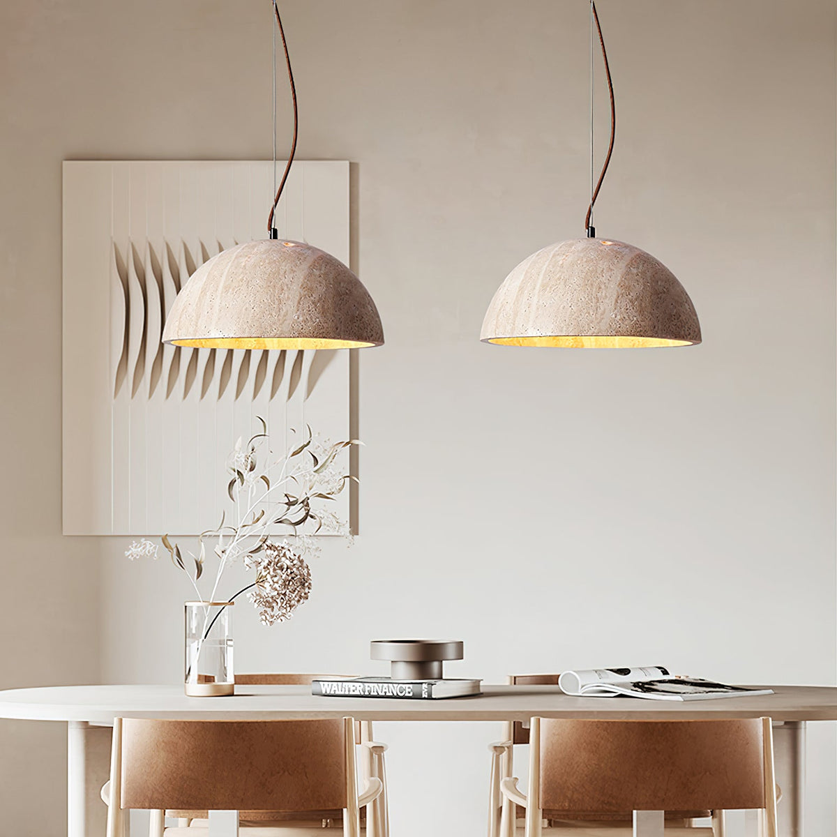 Warm Glow Yellow Dome Travertine Pendant Light