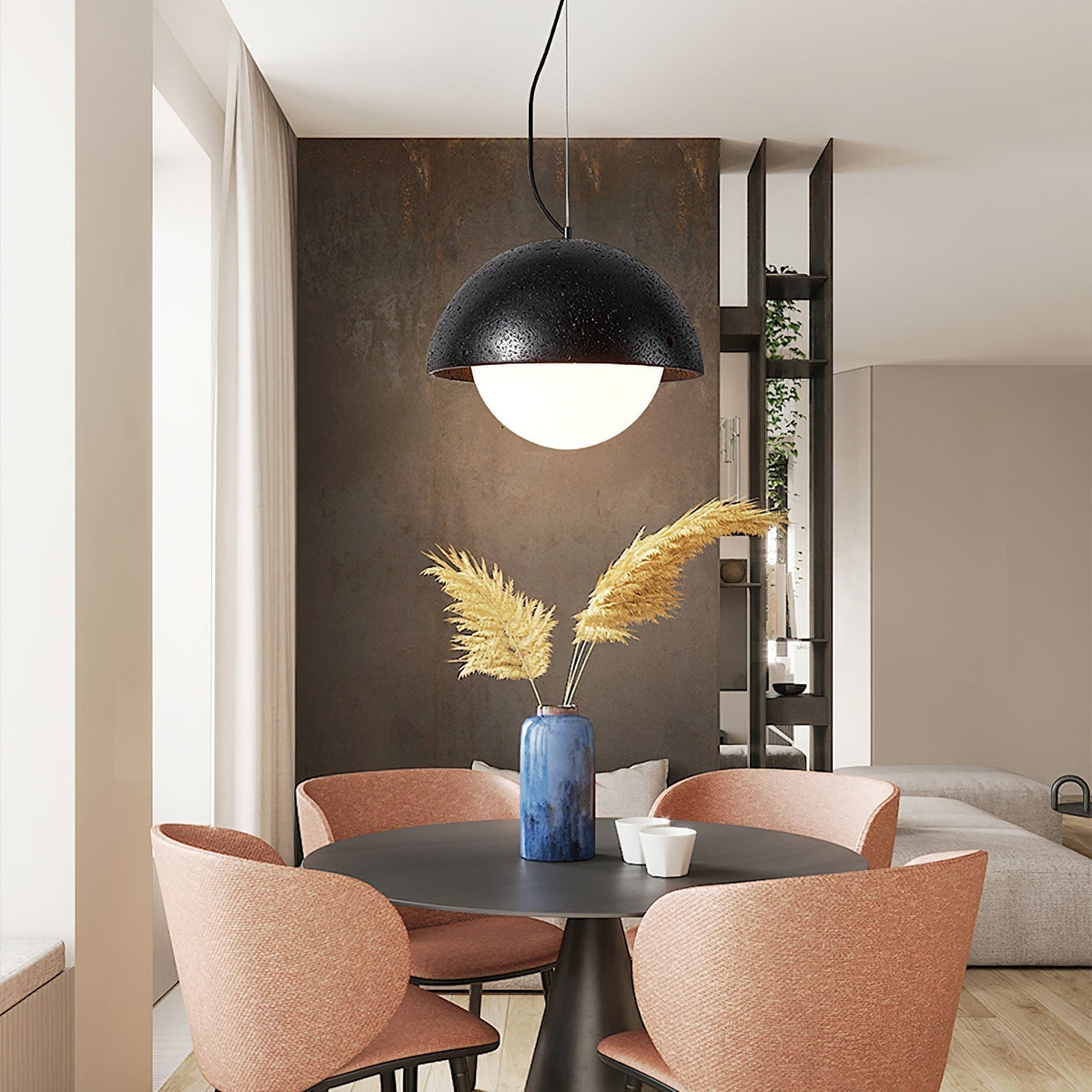 Warm Glow Yellow Dome Travertine Pendant Light