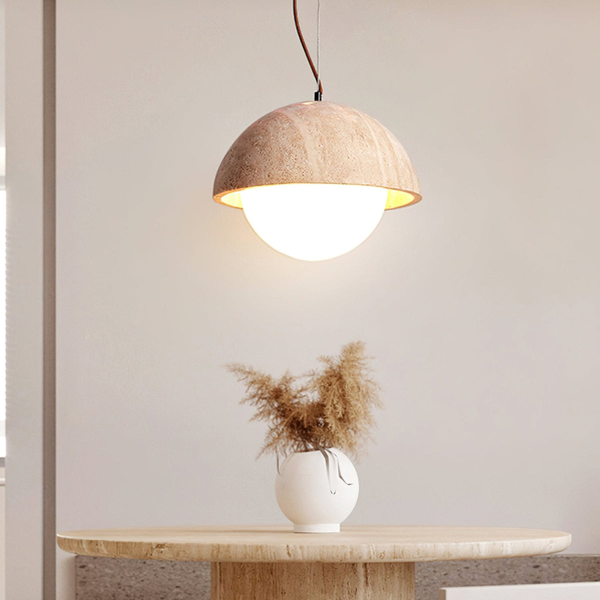 Warm Glow Yellow Dome Travertine Pendant Light