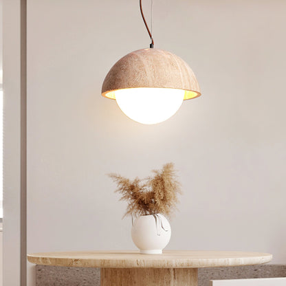 Warm Glow Yellow Dome Travertine Pendant Light