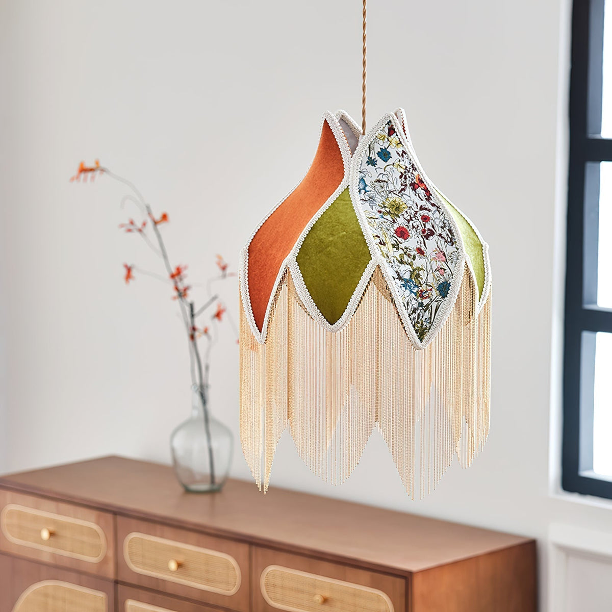 Bohemian Gold Accented Pendant Lamp With Floral Shade