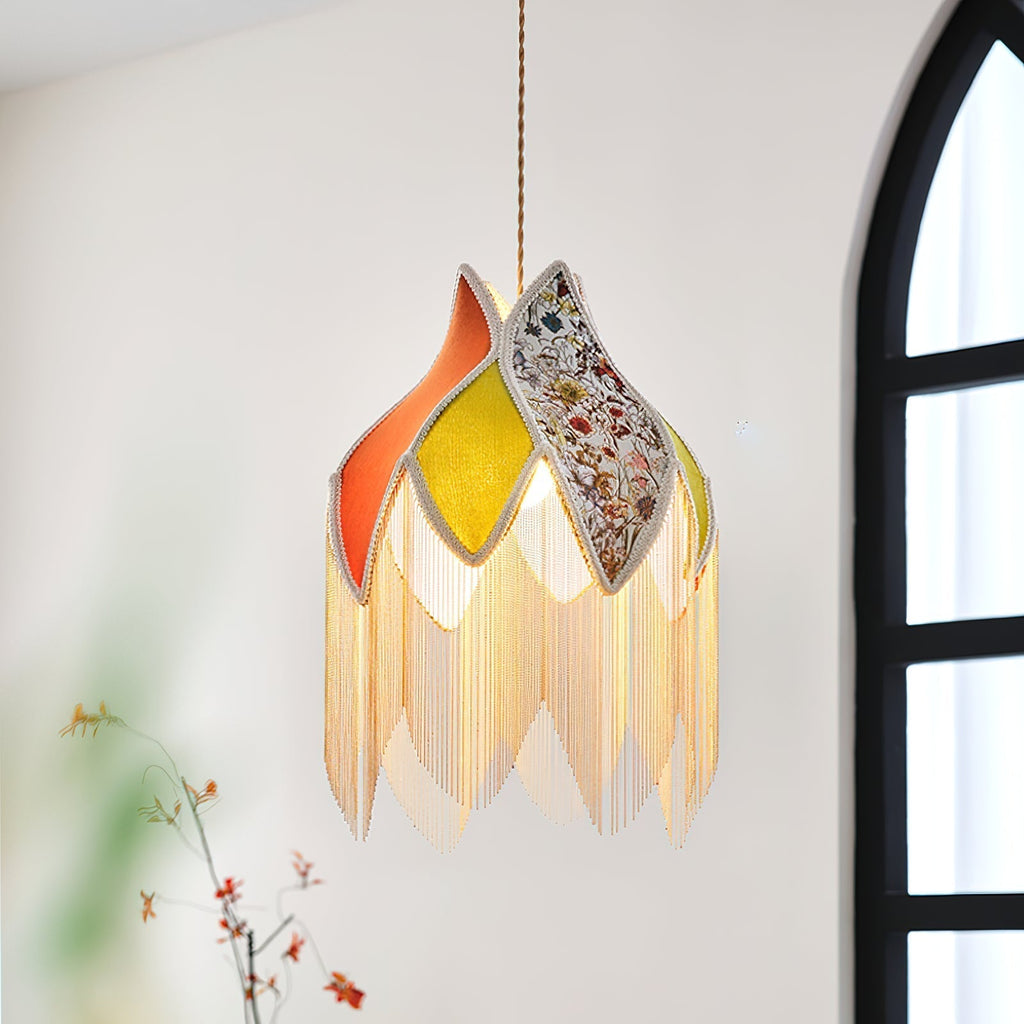 Bohemian Gold Accented Pendant Lamp With Floral Shade