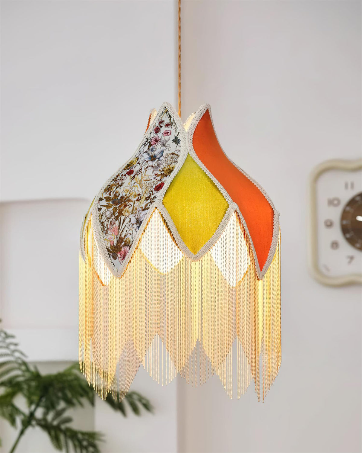 Bohemian Gold Accented Pendant Lamp With Floral Shade