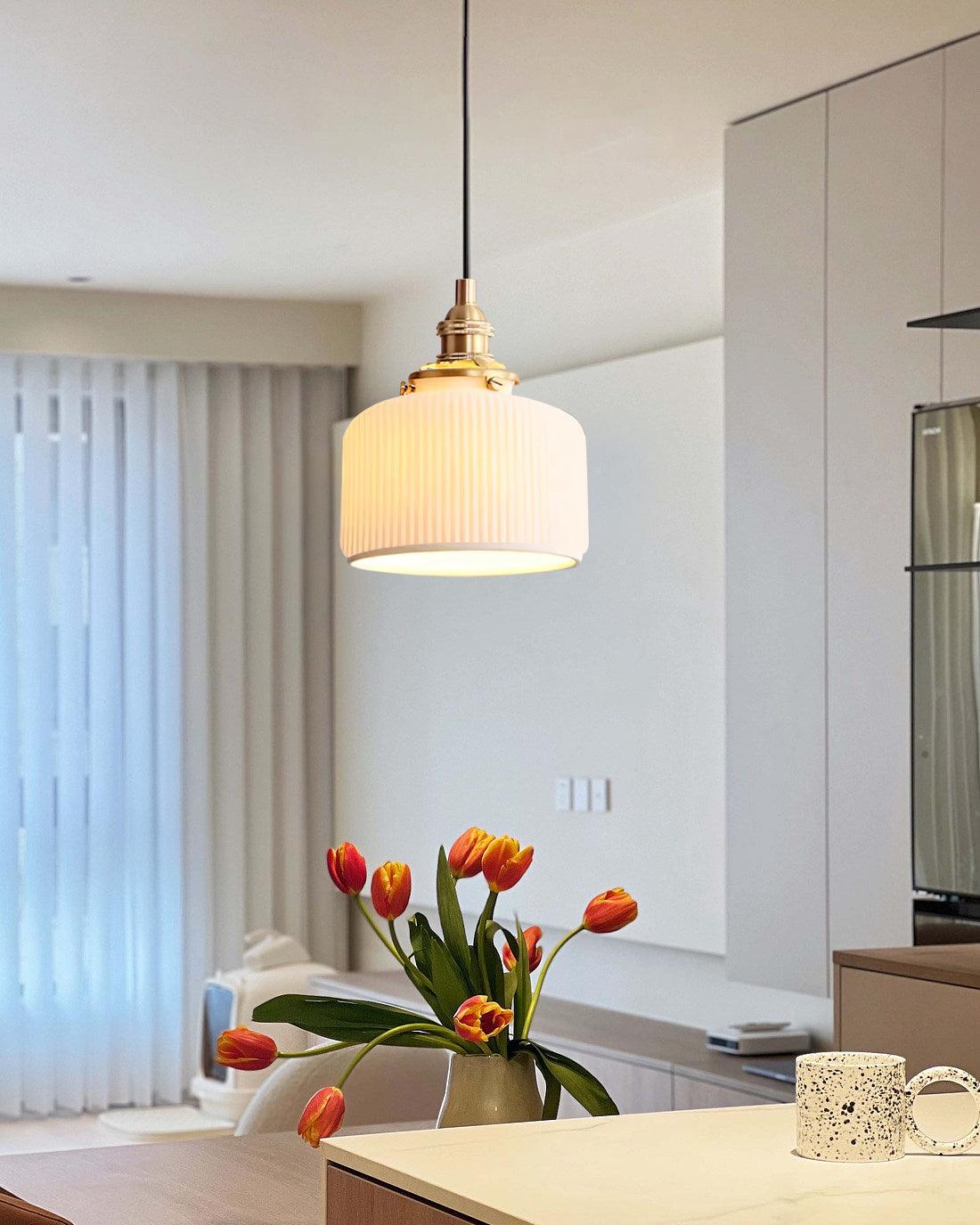 Ribbed Ceramic Shade Pendant Light For Ambient Lighting